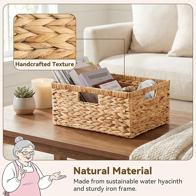 GRANNY SAYS Wicker Baskets with Handles, Large Wicker Storage Baskets for Shelves, Water Hyacinth Woven Basket, Decorative Basket for Pantry, 1-Pack