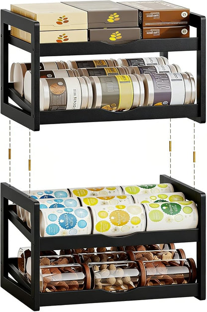 BAMBANG Can Organizer for Pantry, Detachable Bamboo 4 Tier Stackable Can Storage Rack, Rolling Soda Can Dispenser Can Holders for Cabinet, Holds Up to 48 Cans, Black