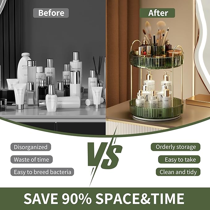 YCIA&DONE Rotating Makeup Organizer for Vanity, Large Capacity Make Up Storage Skin Care Shelf Perfume Holders Cosmetic Dresser Organizer Countertop Spinning 360 (Vintage Green, 2Tiers)