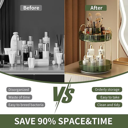 YCIA&DONE Rotating Makeup Organizer for Vanity, Large Capacity Make Up Storage Skin Care Shelf Perfume Holders Cosmetic Dresser Organizer Countertop Spinning 360 (Vintage Green, 2Tiers)