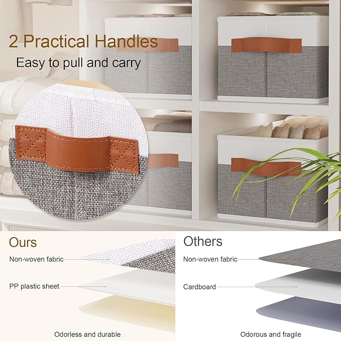 3 Pack Storage Bins, Foldable Baskets for Shelves Organizing, Fabric Storage Boxes with Handles, White and Gray, 15 x 6 x 5 Inch
