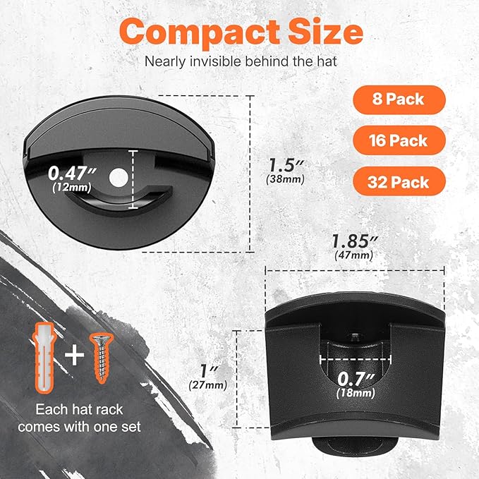 HOUSE DAY Adhesive Hat Hooks for Wall 16 Pack, Strong Hat Rack for Baseball Cap Display Organizer, Hats Holder for Wall, Door, Closet, No Drilling, Black