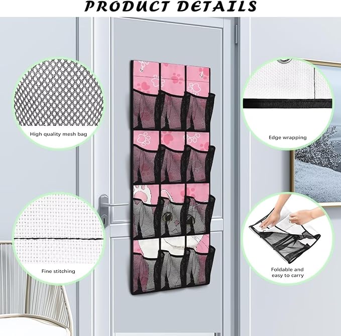 Cat Paw Over The Door Shoe Organizers with 12 Mesh Pockets Baby Organizer Storage Hanging Shoe Organizer Shoe Holder Rack for Toddler Girl Room Baby Room Craft Room Bedroom