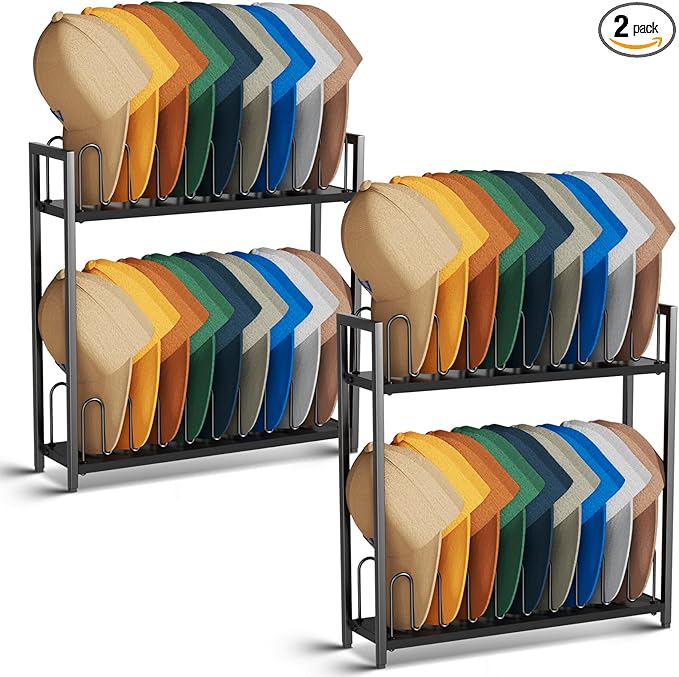 Cinati 2-Tier Hat Organizer for Baseball Caps, 2 Pack 18 Capacity Freestanding Baseball Cap Rack, Metal & Wood Hat Storage for Closet Entryway Bedroom, Black Cap Holder Stand, Gifts for Men Dad