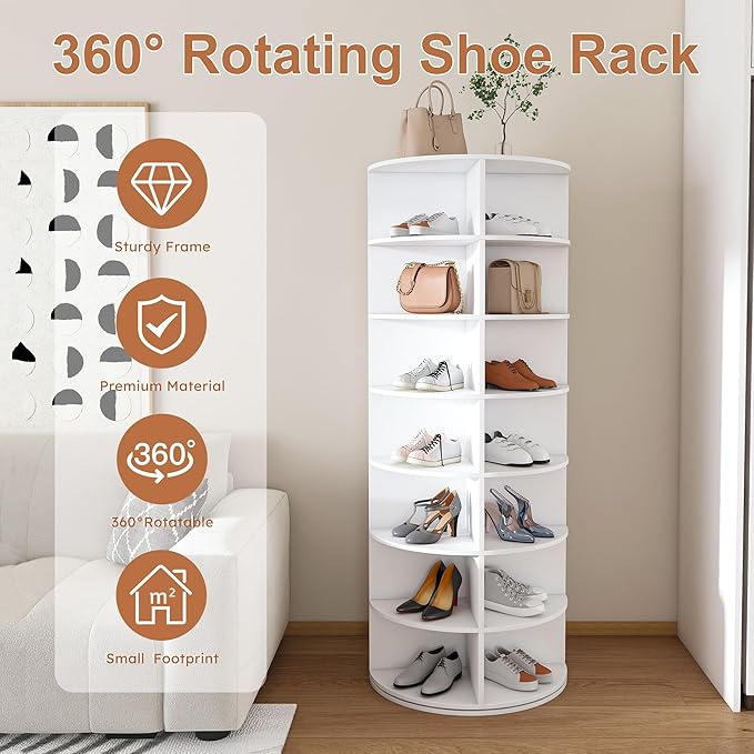 360-Degree Rotating Shoe Rack Tower with 7-Tier Lazy Susan, 28-Pair Capacity Shoe Organizer & Storage Cabinet - Space Saving Shoe Shelf for Closet Hallway Modern Home