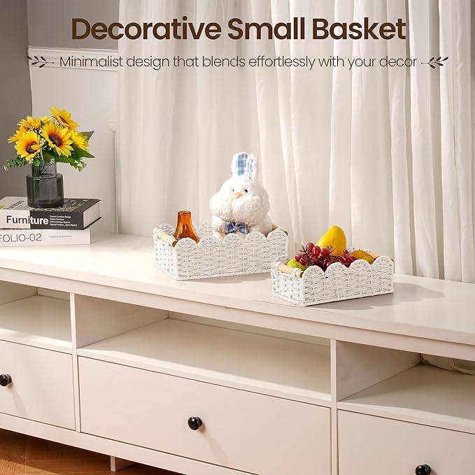 iEGrow Paper Rope Small Storage Baskets for Organizing, Set of 2 Scalloped Edge Wicker Basket with Wooden Handles Toilet Paper Basket for Over Toilet Storage Shelf, Home Decor, Living Room (White)