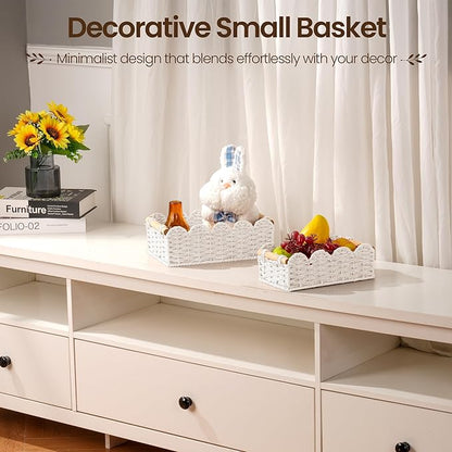 iEGrow Paper Rope Small Storage Baskets for Organizing, Set of 2 Scalloped Edge Wicker Basket with Wooden Handles Toilet Paper Basket for Over Toilet Storage Shelf, Home Decor, Living Room (White)