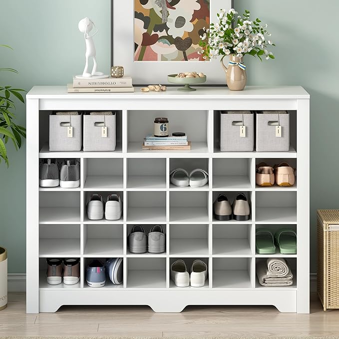 JIVOIT Modern Square Shoe Cabinet with Curved Base, Sleek Design 24 Shoe Cubby Console, Versatile Sideboard for Hallway, Bedroom, Living Room (White,Curved Base)