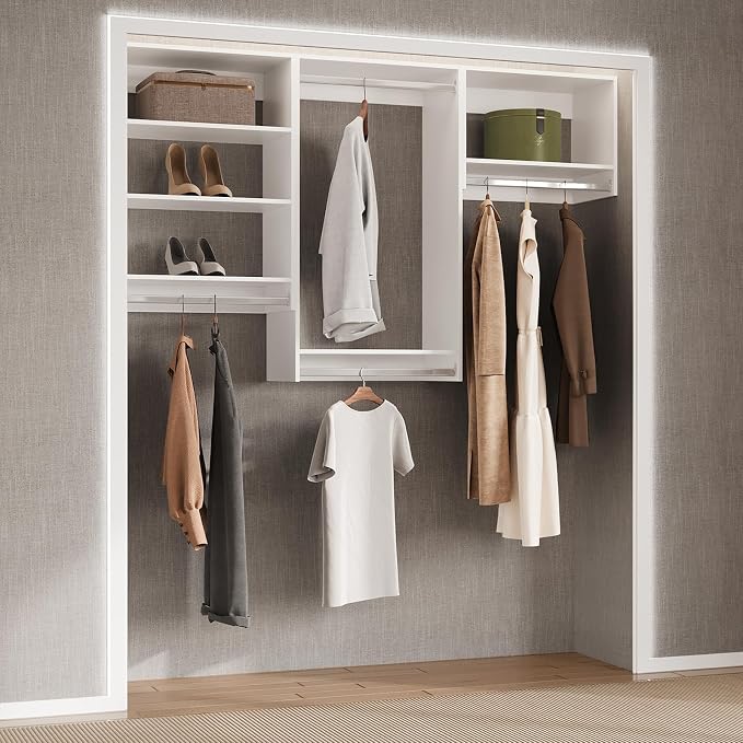 Modular Closet, 96" Wide Organizer With Hanging Shelves, Wood Tower Storage for Walk In Closets, Wall Mounted White Wardrobe Organizer