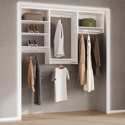 Modular Closet, 96" Wide Organizer With Hanging Shelves, Wood Tower Storage for Walk In Closets, Wall Mounted White Wardrobe Organizer