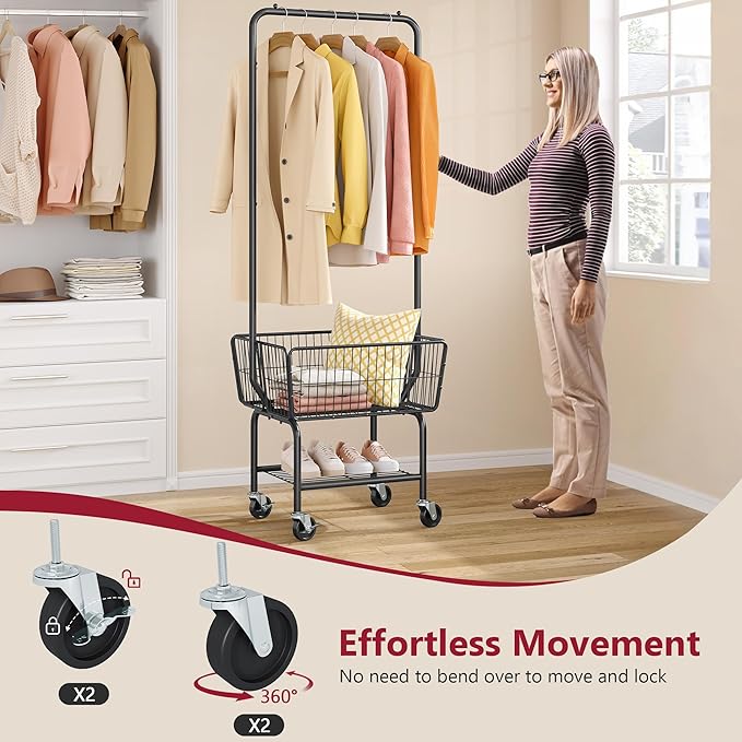 Tajsoon Laundry Cart with Hanging Rack, Metal Laundry Basket with Wheels, Laundry Hamper with Storage Basket and Shelf, Rolling Laundry Cart with Wheels, Black