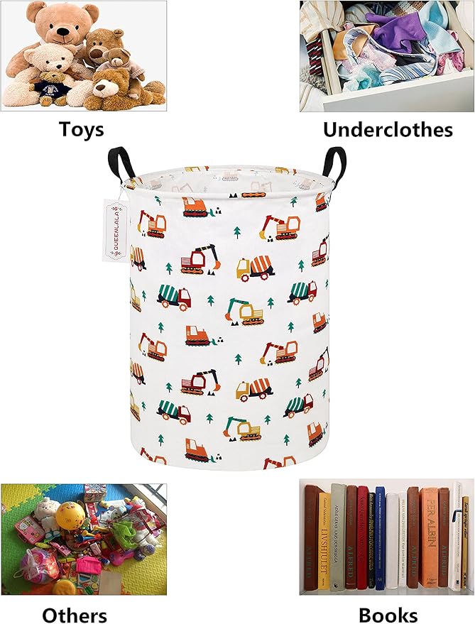 QUEENLALA Large Storage Basket,Laundry Hamper/Bathroom/Home Decor/Collapsible Round Storage Bin,Boys and Girls Hamper/Boxes/Clothing(Round-Excavator)