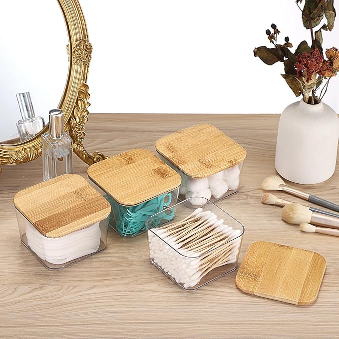 Hipiwe 4 PCS Apothecary Jars Clear Qtip Holder with Lid Small Bathroom Dispenser Set Cotton Swab Organizer Square Bathroom Accessories Storage Canister