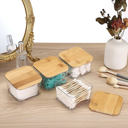 Hipiwe 4 PCS Apothecary Jars Clear Qtip Holder with Lid Small Bathroom Dispenser Set Cotton Swab Organizer Square Bathroom Accessories Storage Canister