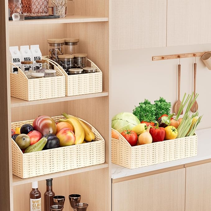 Rattan Storage Baskets, Handwoven Wicker Storage Bins with Built-in Handles, Storage Container Baskets for Shelves, Bedroom, Bathroom, Laundry Room or Kitchen(Beige)