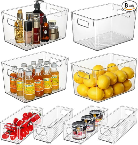 Hudgan Set of 8 Clear Plastic Storage Bins 4 Large and 4 Small Stackable Storage Containers for Pantry Organizers and Kitchen Storage, Cabinet, Freezer, Under Sink Organization