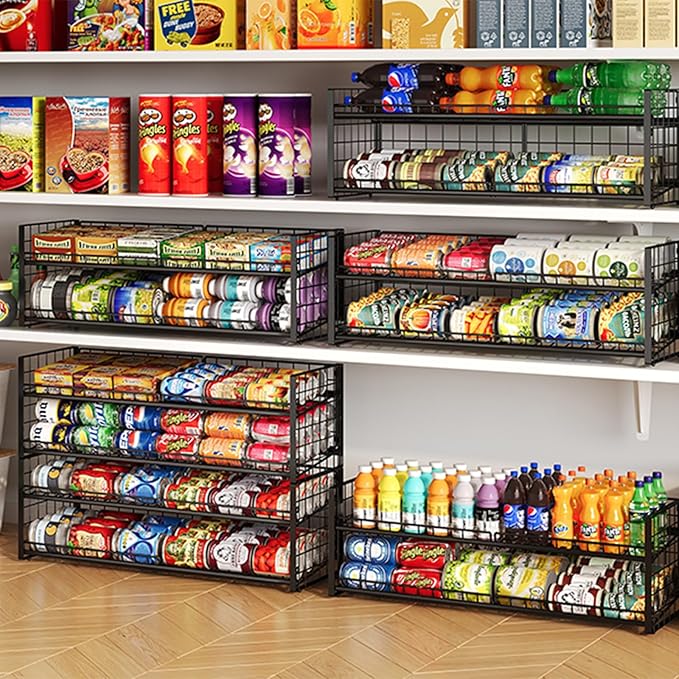 2-Pack Stackable Can Organizer for Pantry Shelf, Adjustable Extra-Long Rolling Can Rack for Kitchen Cupboard Storage, Sturdy Standing Can Holder for Canned Food Goods Soda up to 128, 2 Tier, Black