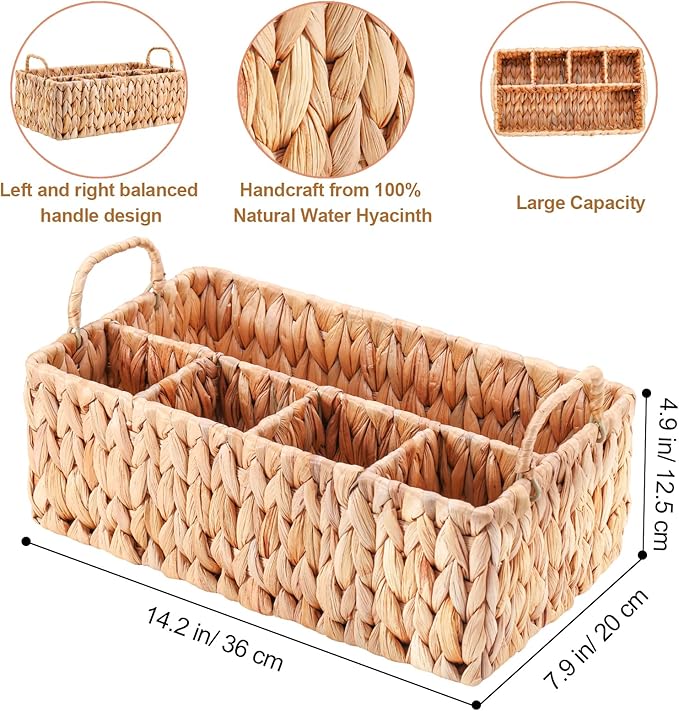Wicker Party Silverware Caddy, Water Hyacinth Plastic Cutlery Utensil Holder, Hand Woven with Handles, Kitchen Countertop and Picnic flatware Organizer (5 compartments)