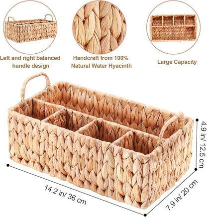 Wicker Party Silverware Caddy, Water Hyacinth Plastic Cutlery Utensil Holder, Hand Woven with Handles, Kitchen Countertop and Picnic flatware Organizer (5 compartments)