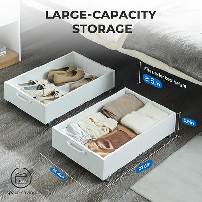 TIOPGHAD Under Bed Storage with Wheels, 2-Pack Under Bed Shoe Storage Organizer Drawer, Composite Wood Organizer for Shoes Clothes Containers in Bedroom for Clothes,Shoes(White)