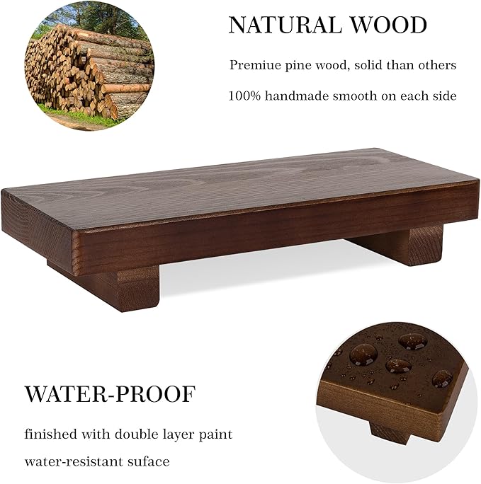 Bathroom Counter Organizer Wood Pedestal Stand Farmhouse Decorative Tray Soap Holder for Kitchen Decor, Small, Walnut