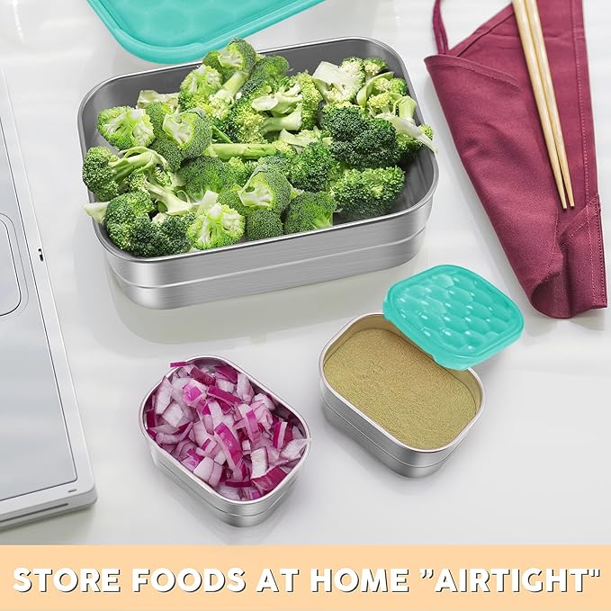 Tanjiae Small Stainless Steel Lunch Containers for Kids | Leak Proof Food Containers with Silicone Lids - Perfect Metal Food Containers with Lids for Kids School and Toddler Daycare (25oz+8oz*2)