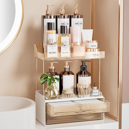 Delamu Bathroom Organizers and Storage, 2 Tier 2 Drawer Makeup Organizer Countertop, Easy to Install, Ideal for Bathroom Counter, Vanity, Ideal Gifts for Women Girls, Amber