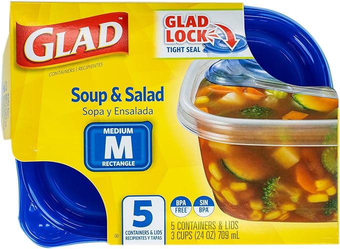 Glad GladWare Medium Rectangle Food Storage Containers with Lids, BPA Free Plastic for Soups Salads and Meal Prep, Airtight Leak Resistant, Microwave Dishwasher Freezer Safe, 24 Oz, 5 Count - 6 Pack