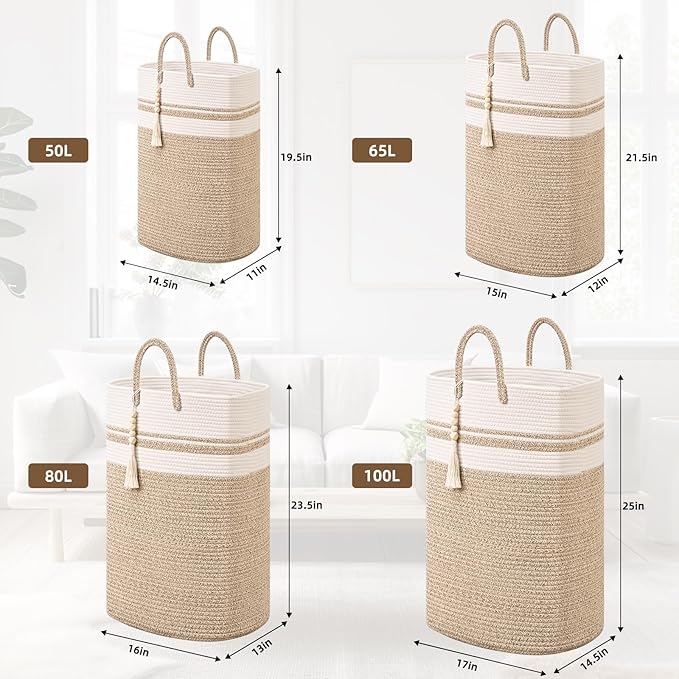 Woven Laundry Basket for Clothes, 65L Large Rectangle Laundry Hampers, Nursery Storage Basket for Toys, Tall Dirty Clothes Hamper for Bedroom Aesthetic, Bathroom, Laundry Room