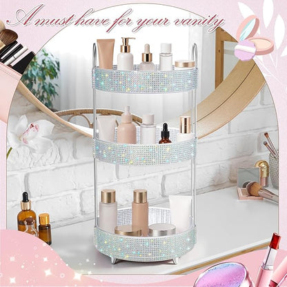Honeydak 360 Rotating Perfume Organizer for Mother Day Nurse Day Rhinestone Bathroom Counter Organizer Makeup Holder Skincare and Perfume Storage for Cosmetic Countertop(3 Tiers,Resin Stone,Silver)