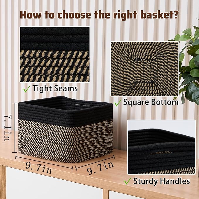 MiniArk Small Organizing Baskets for Cubes Shelf, 9.7x9.7x7.1 Inch Rope Woven Storage Bins for Nursery Shelves Storage, Cute Toy Basket, Square 3 Packs Black Brown