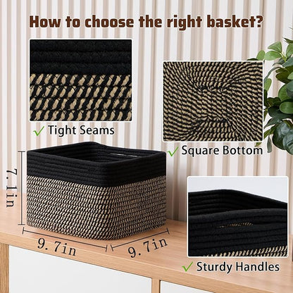 MiniArk Small Organizing Baskets for Cubes Shelf, 9.7x9.7x7.1 Inch Rope Woven Storage Bins for Nursery Shelves Storage, Cute Toy Basket, Square 3 Packs Black Brown