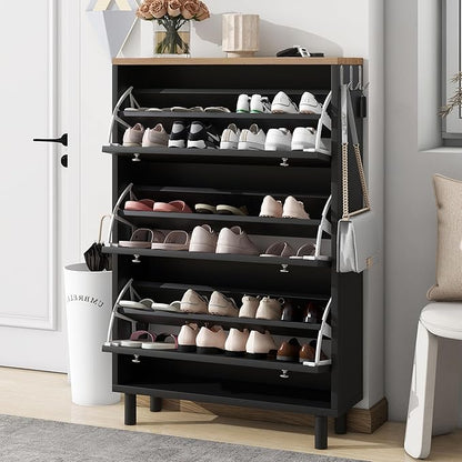 Contemporary Shoe Cabinet with 3 Flip Doors Free-Standing Wooden Shoe Rack Shoe Storage Organizer for Entryway Hallway Small Space (Black&Natural)