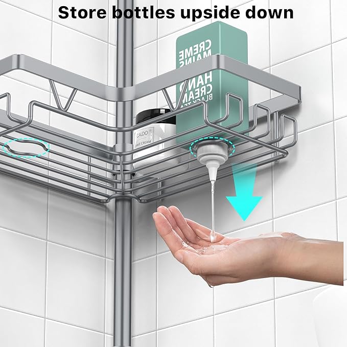 KEGII 4-Tier Corner Shower Caddy Tension Pole - Adjustable Shower Tension Rod Organizer, Floor to Ceiling Shower Caddy 25-114.2 inch, Shower Towel Rack Corner Waterproof, Light Gray