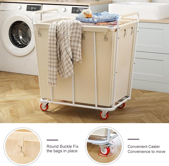 Hoctieon Large Laundry Cart with Wheels, 400L Heavy Duty Laundry Basket Organizer, Rolling Hamper Sorter for Clothes Storage, Industrial Dirty Clothes Hamper for Home & Hotel, Beige
