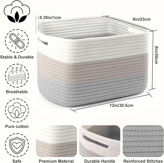 4 Pack Storage Baskets for Organizing, 12''Lx9''Wx8''H Woven Baskets for Storage Toys, Towels, Books, and Clothes, Cotton Rope Basket for Shelves with Handle White & Brown