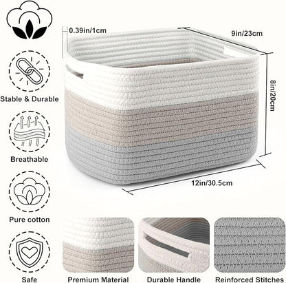 4 Pack Storage Baskets for Organizing, 12''Lx9''Wx8''H Woven Baskets for Storage Toys, Towels, Books, and Clothes, Cotton Rope Basket for Shelves with Handle White & Brown