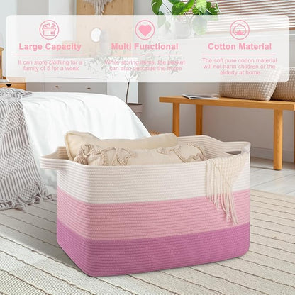 OIAHOMY Extra Large Blanket Basket, 95L Cotton Rope Woven Laundry Basket, Toy Bin for Baby Room, Container for Blanket Storage in Living Room, 24''×17''×14'', Gradient Pink