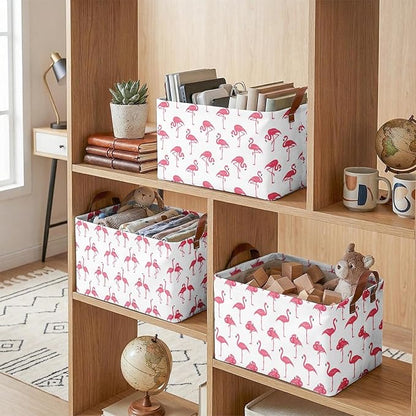 3 Pack Flamingo Storage Baskets for Gifts Summer Flamingo Empty Large Collapsible Toy Storage Bins Box Tropical Canvas Baskets Organizer with Handles Nursery Decor Laundry Basket for Shelves Closet