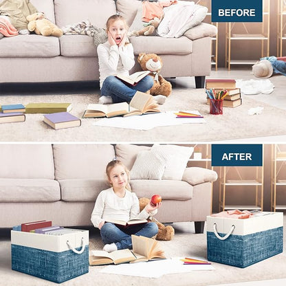 Fab totes Storage Bins 2-Pack, Foldable Storage Baskets for Organizing Toys, Books, Shelves, Closet, Large Storage Box with Rope Handles, Sturdy Organizer Bins, White & Blue