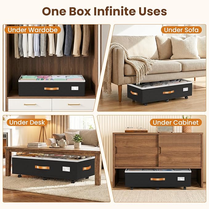 Budding Joy Under Bed Storage with Wheels 2Pack, 80L Height Adjustable Underbed Containers with Clear Lids, Rolling Under Bed Shoe Storage Organizer for Dorm Home Clothes, Blankets, Toys, Black