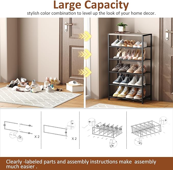 HOMEFORT 6 Tiers Shoe Rack Organizer,23" Shoe Storage Shelf for Closet, Shoe Rack for Entryway, Each Tier Fits 3 Pairs, Shoe Stand with Metal Shelves and MDF Top Board, Washed Gray