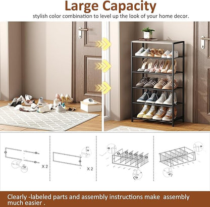 HOMEFORT 6 Tiers Shoe Rack Organizer,23" Shoe Storage Shelf for Closet, Shoe Rack for Entryway, Each Tier Fits 3 Pairs, Shoe Stand with Metal Shelves and MDF Top Board, Washed Gray