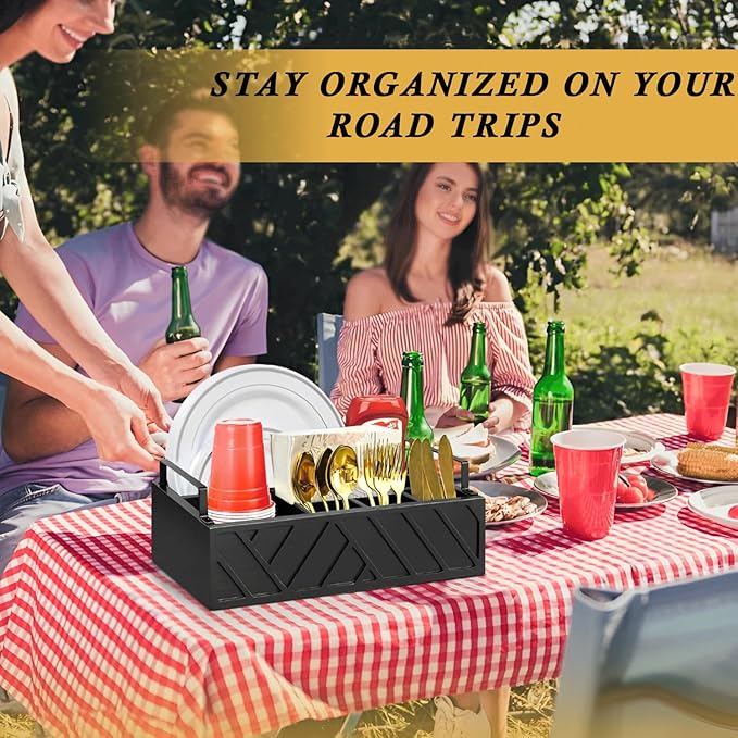 Paper Plate Dispenser with Utensil Caddy, Rustic Wooden 6-Compartment Flatware Organizer for Kitchen Counter, Picnic & Parties (Black)