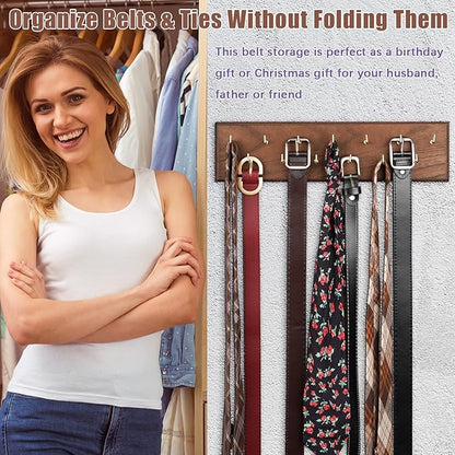 Belt Organizer - Wall Mounted Hanger for Closet, Holds Over 28 Belts - Wooden Rack with Tie and Scarf Storage (Brown)