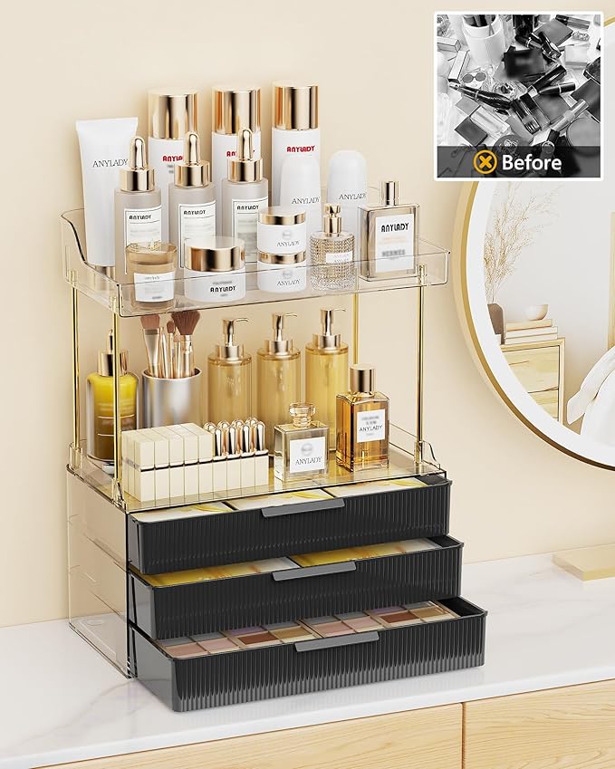 Anylady Bathroom Organizers and Storage, Makeup Organizer (Sturdy Durable Attractive), Ideal for Vanity, Countertop, Counter, Perfume, Skincare, Cabinet, Cosmetic, Dresser Organizer (deep black)