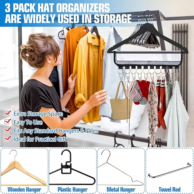 Hat Organizer, 3 Pack Hat Racks for Baseball Caps, 10 Clips Hat Hangers for Closet Travel to Hang Baseball Hat, Socks, Ties, Accessories Display Storage, Fits Hangers, White Plastic Foldable