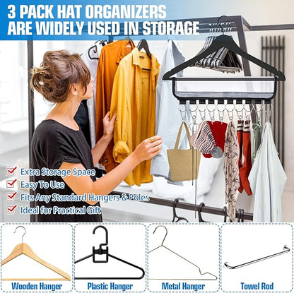 Hat Organizer, 3 Pack Hat Racks for Baseball Caps, 10 Clips Hat Hangers for Closet Travel to Hang Baseball Hat, Socks, Ties, Accessories Display Storage, Fits Hangers, White Plastic Foldable