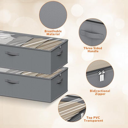 10inch 3 Pack Under Bed Storage Containers, 10 Inch Tall Underbed Clothes Storage Organizer Bin with Clear Window，Foldable Box Basket for Clothes, Closet, Bed Sheets and Blankets Gray