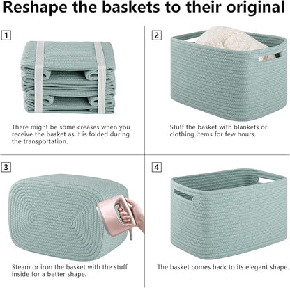 4 Pack Storage Baskets for Organizing Toys, Towels, and Clothes, Woven Basket for Shelves, Sturdy Nursery Cube Bins for Storage, 13''L x9''W x7.8''H, Frosty Green